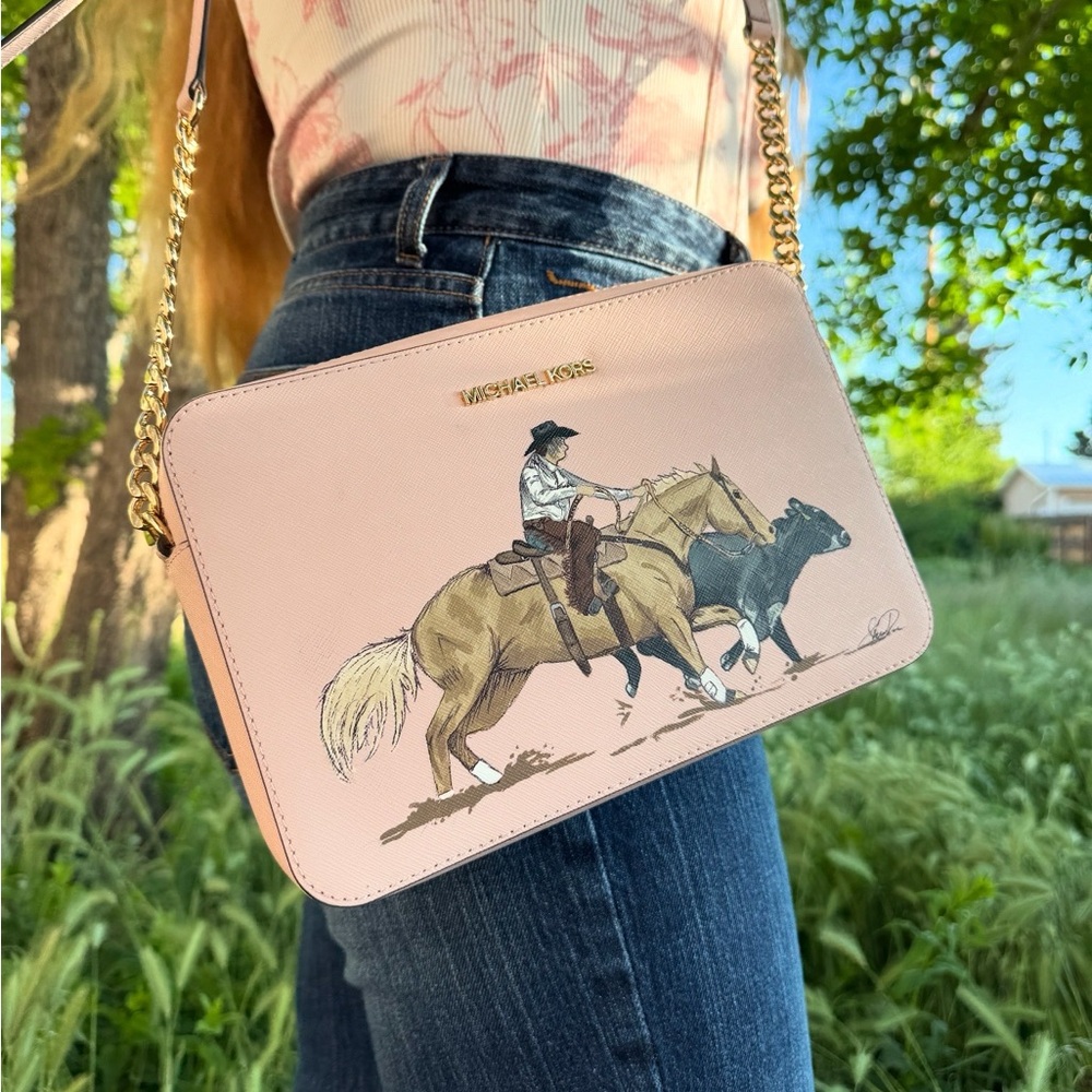 Michael Kors Pink Jet Setter Crossbody Bag Hand Painted Western